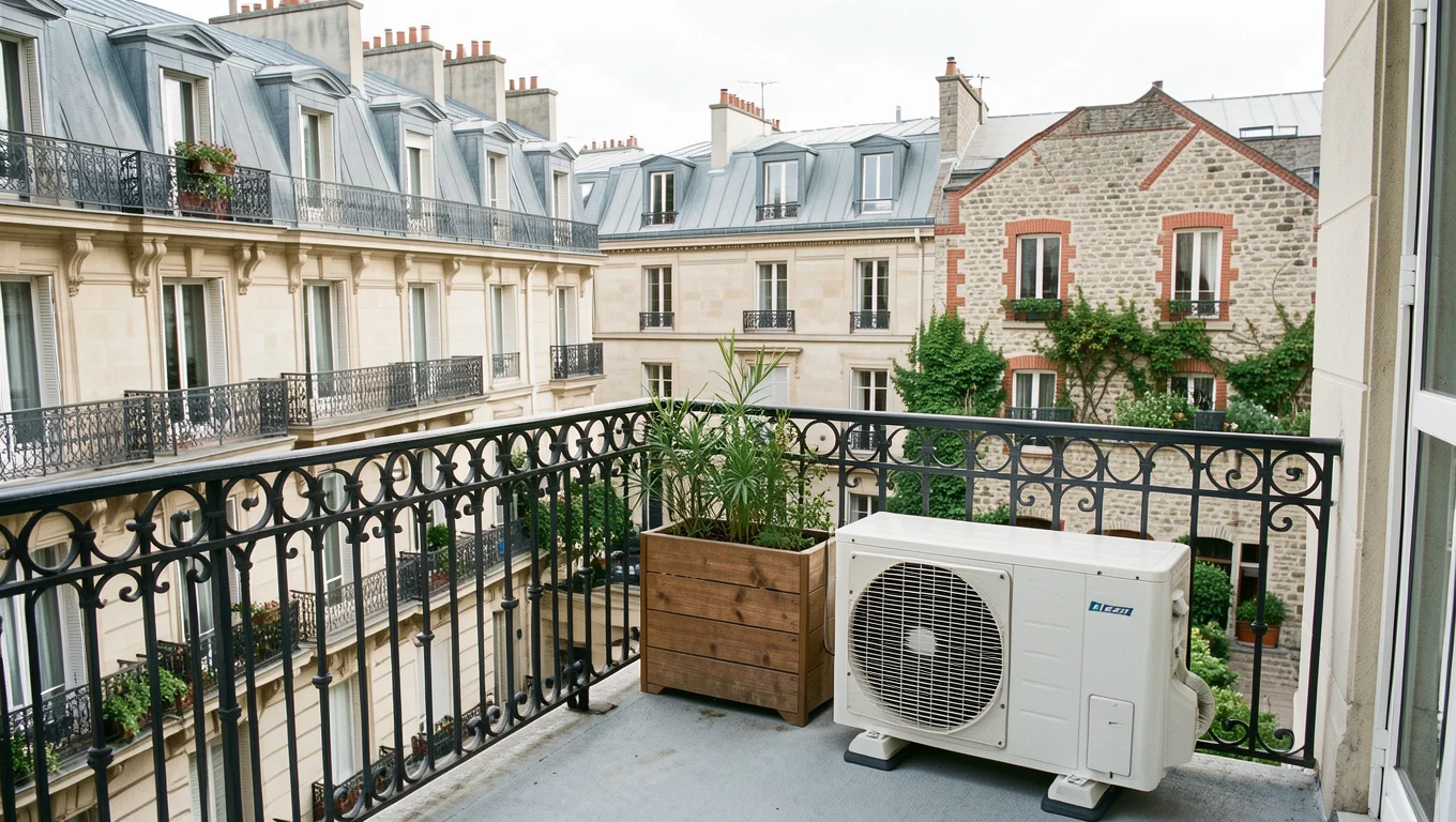 Unité extérieure de climatisation habillée sur un toit en zinc parisien