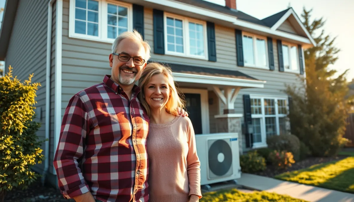 Propriétaires satisfaits devant leur maison équipée d'une pompe à chaleur