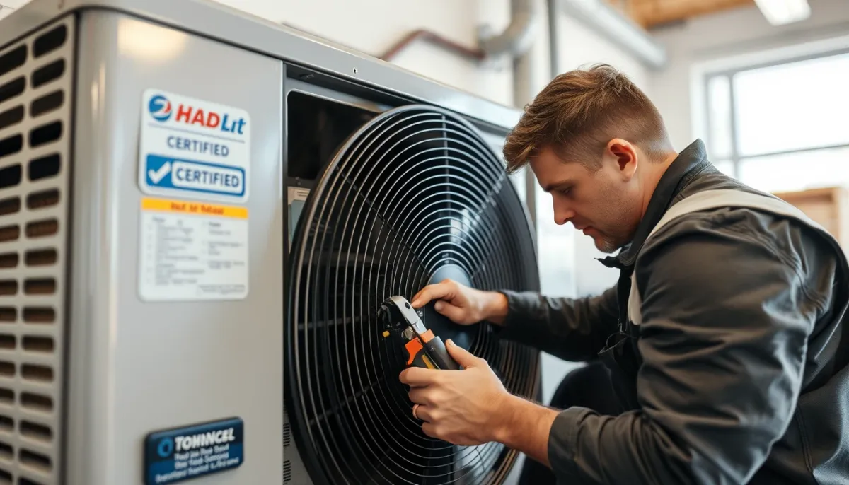 Technicien certifié effectuant l'entretien d'une pompe à chaleur
