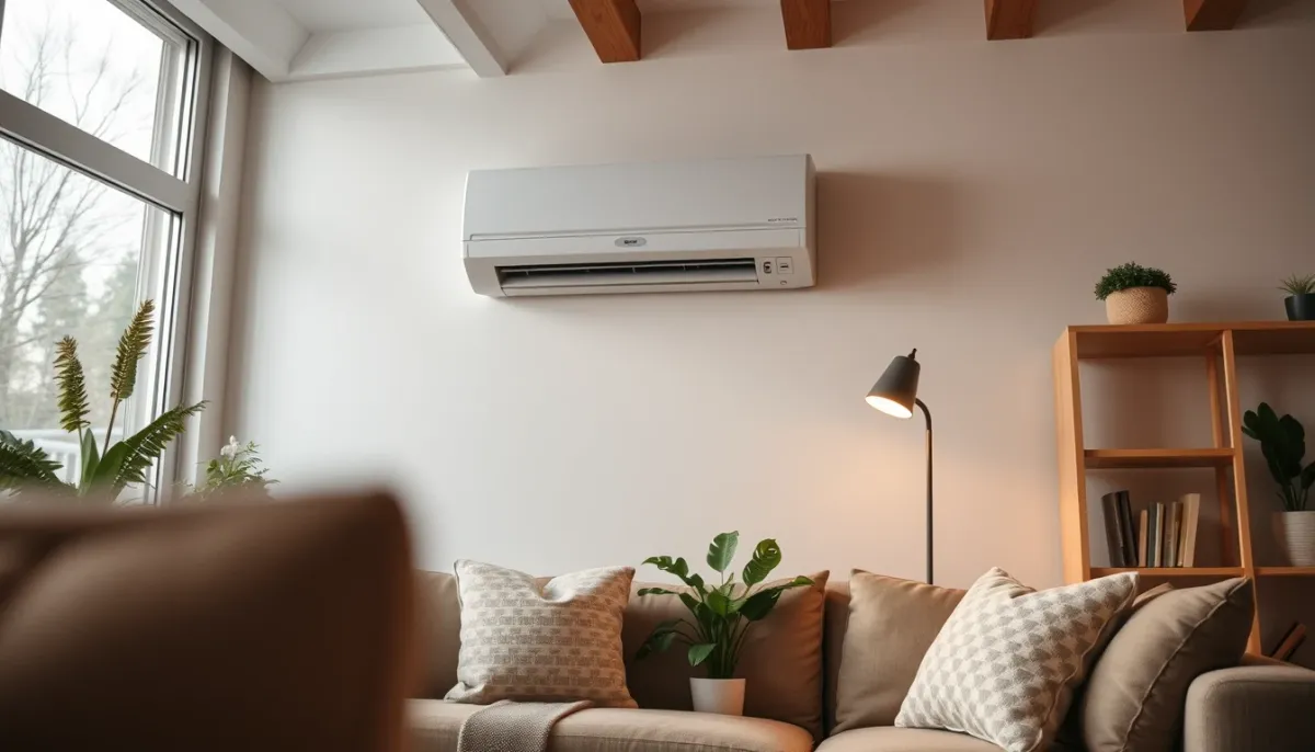 Salon confortable avec une unité murale de climatisation réversible en fonctionnement