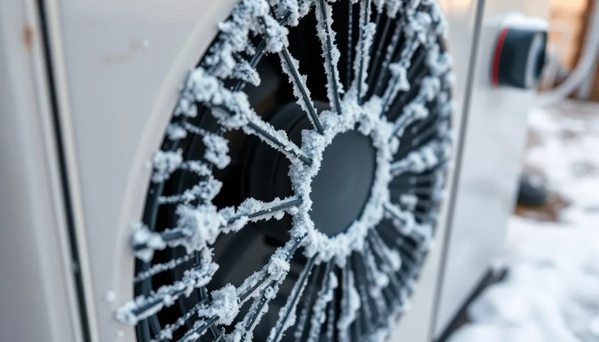 Unité extérieure d'une pompe à chaleur givrée en hiver
