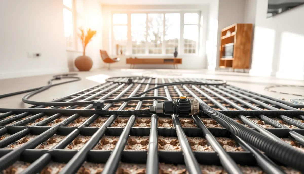 Installation d'un plancher chauffant rafraîchissant dans un salon lumineux
