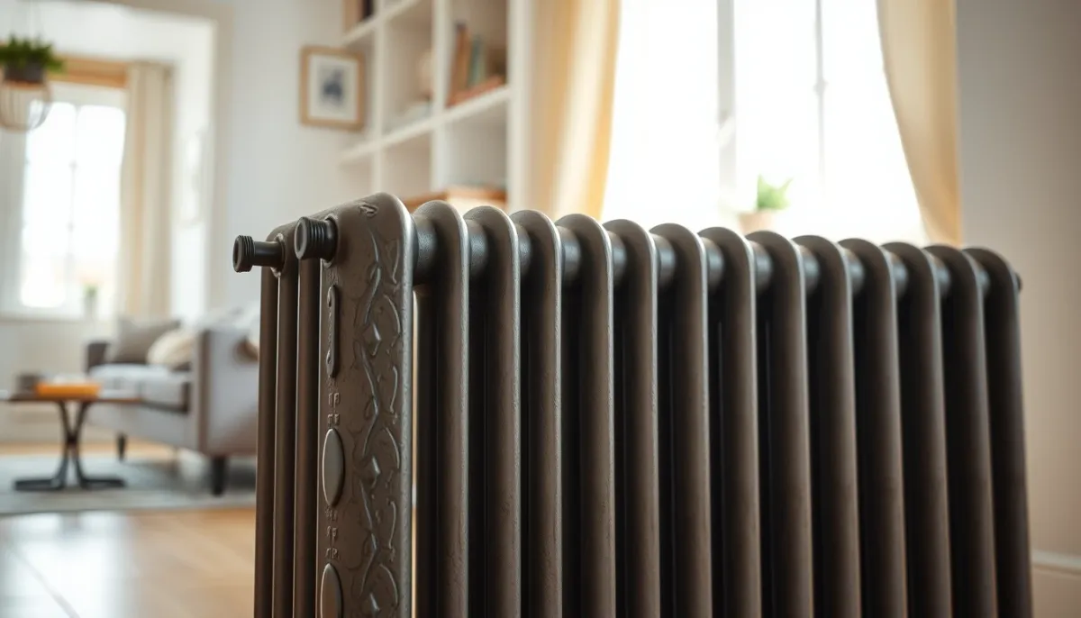 Radiateur en fonte dans un salon lumineux, prêt à être alimenté par une pompe à chaleur