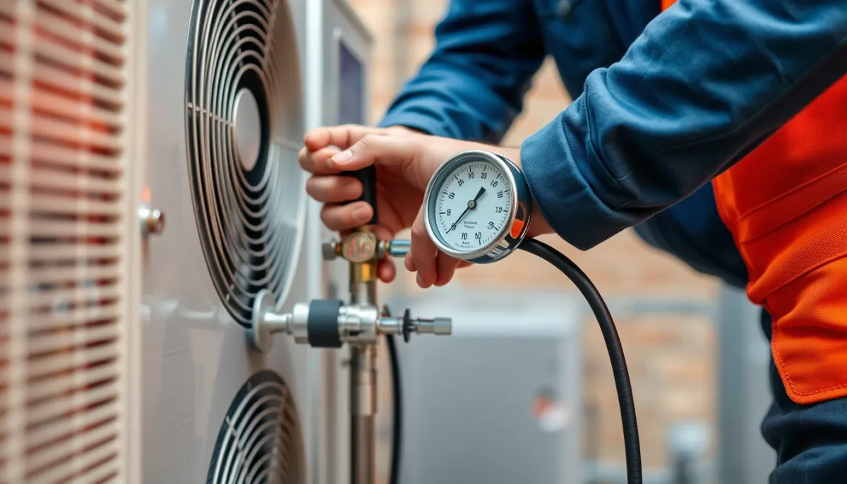 Technicien utilisant un manifold sur une pompe à chaleur