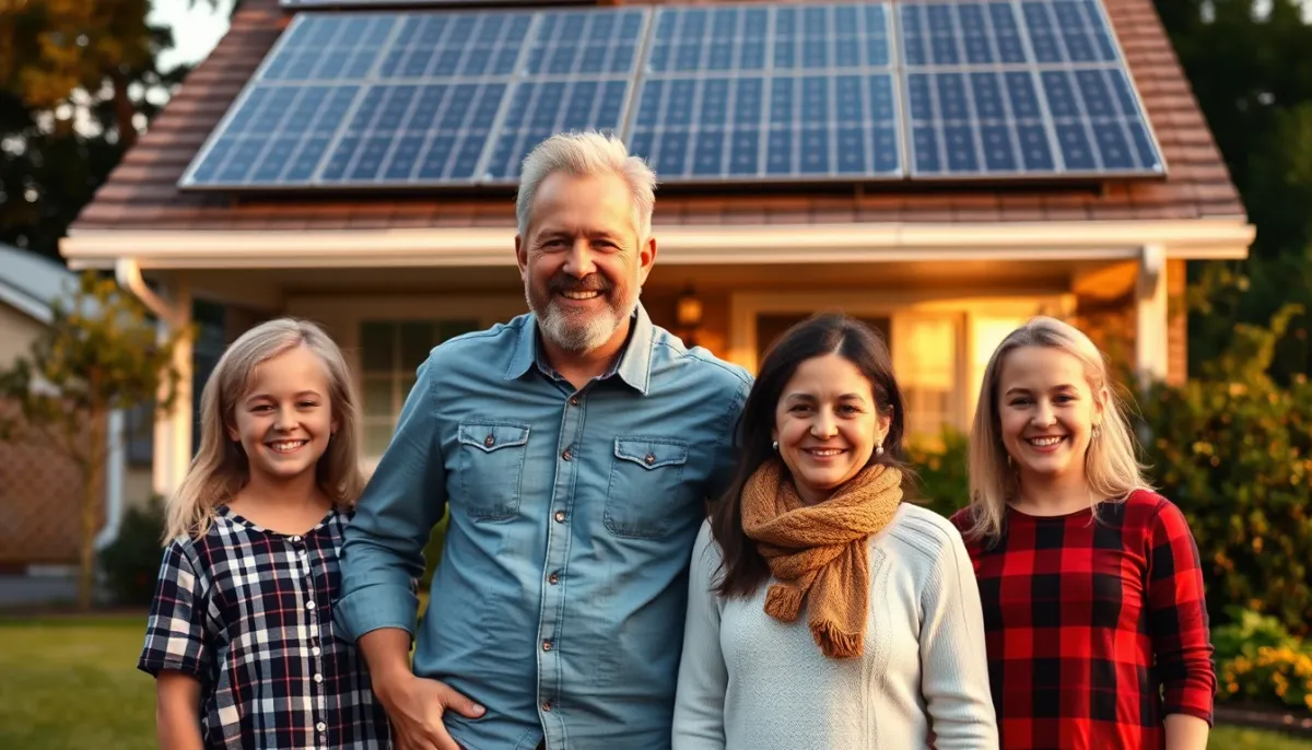 Famille devant une maison équipée de panneaux solaires
