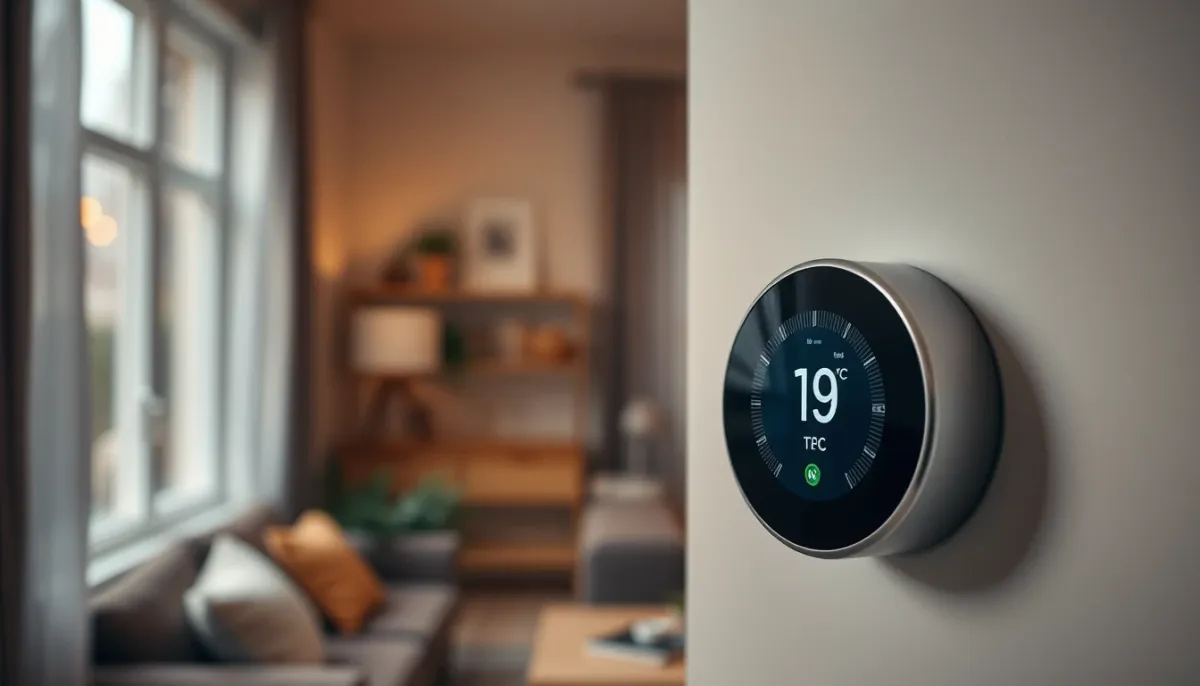Thermostat intelligent réglé à 19°C dans un salon confortable