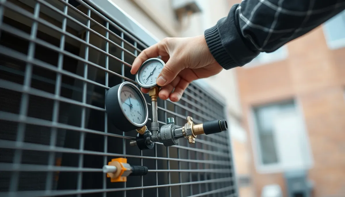 Technicien utilisant un manifold numérique pour vérifier la pression du fluide frigorigène sur une unité extérieure