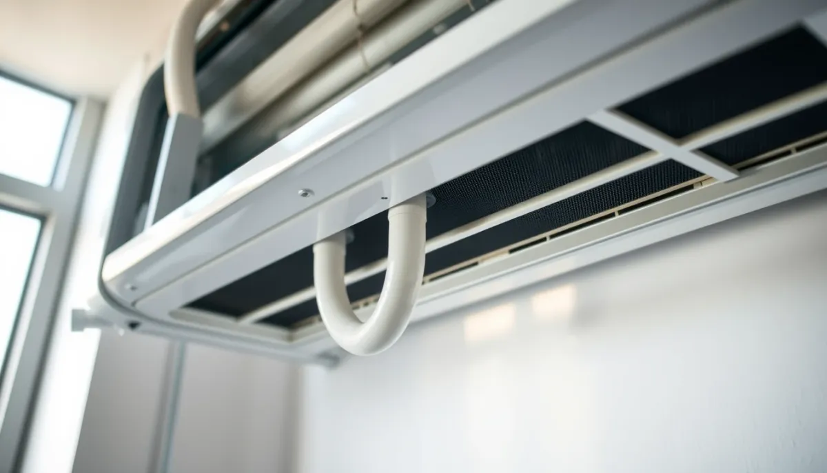Unité de climatisation bien entretenue avec tuyau d'évacuation propre, illustrant la prévention des fuites