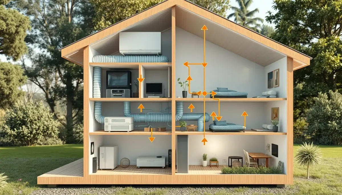 Schéma en coupe d'une maison avec installation complète de VMC double flux