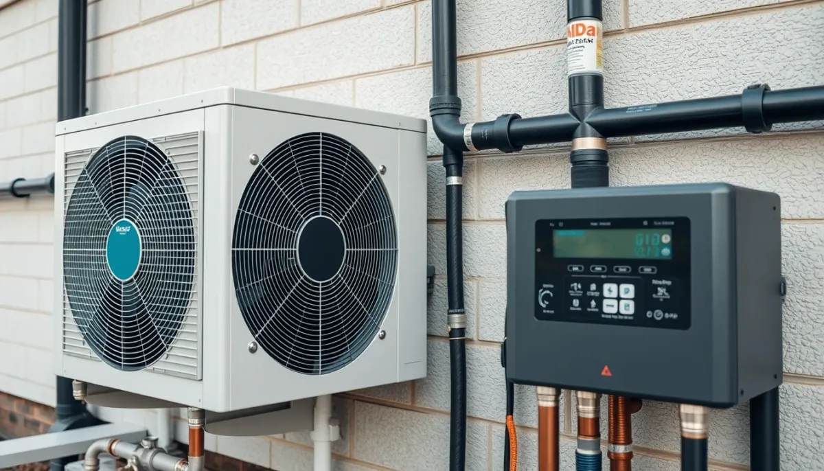 Détail technique d'une pompe à chaleur hybride gaz avec unité extérieure et raccordement