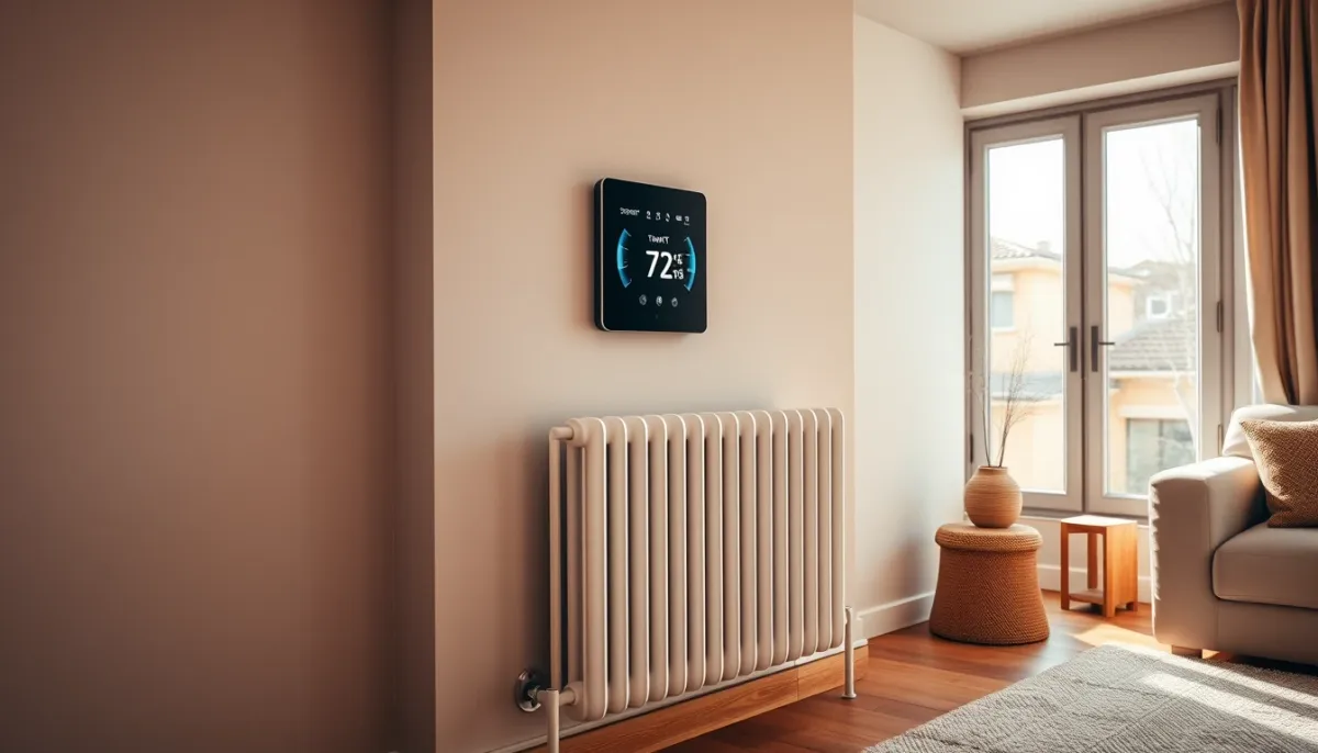 Salon confortable avec radiateur et thermostat intelligent, illustrant le confort d'une PAC hybride