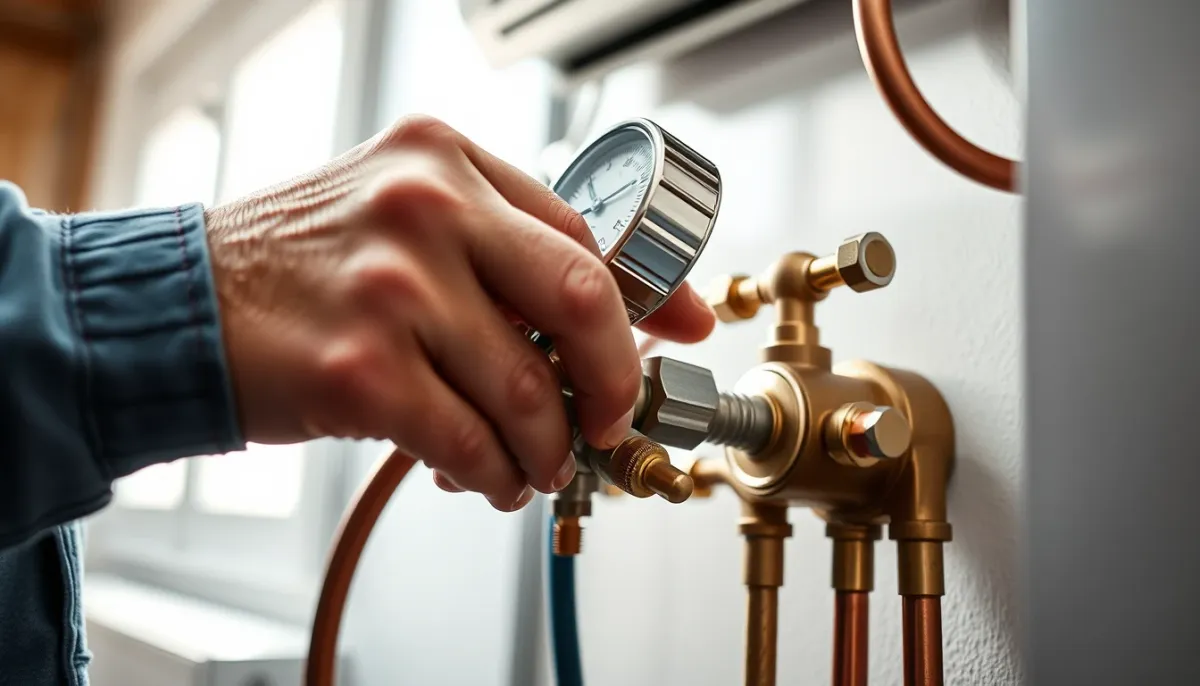 Installateur vérifiant les liaisons frigorifiques d'une climatisation