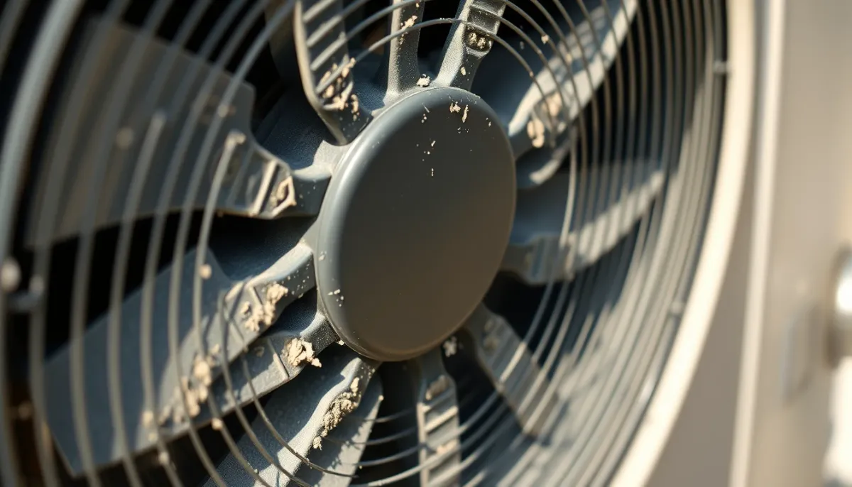 Gros plan sur le ventilateur et les ailettes d'une unité extérieure de pompe à chaleur encrassés