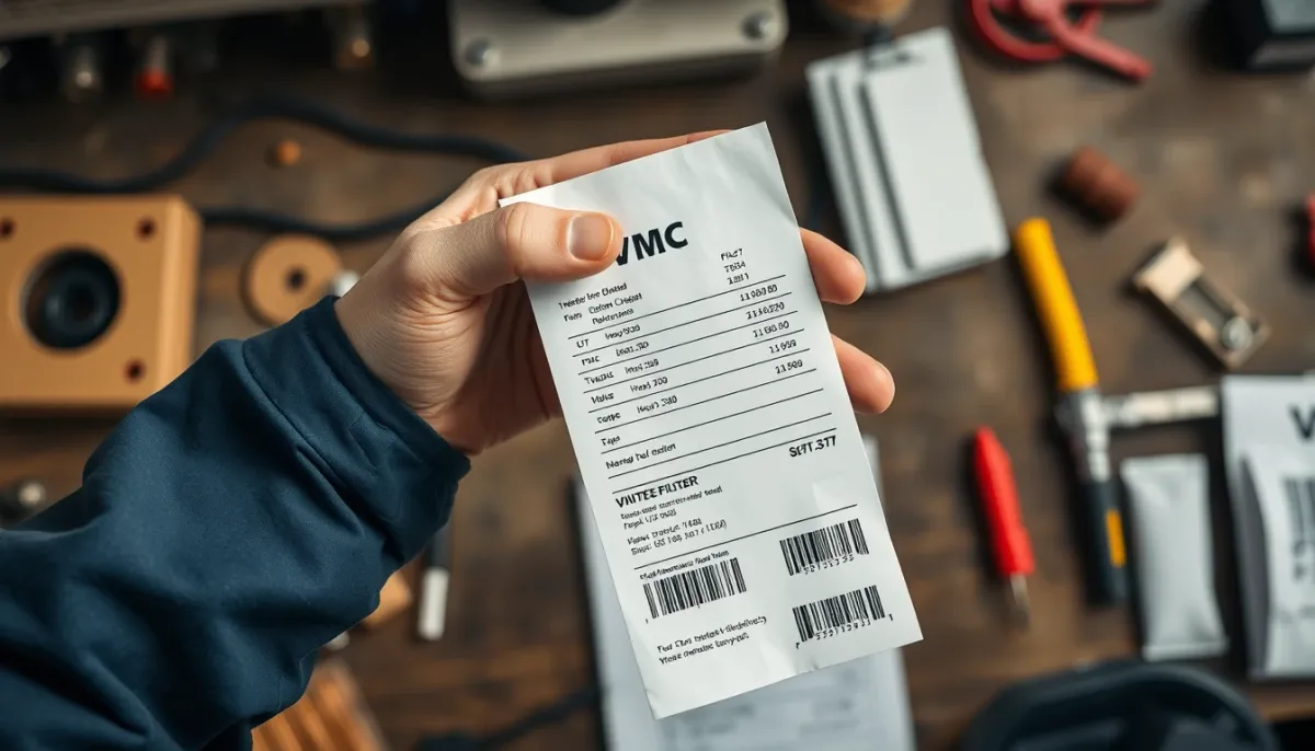 Filtre de VMC neuf et facture posés sur un établi