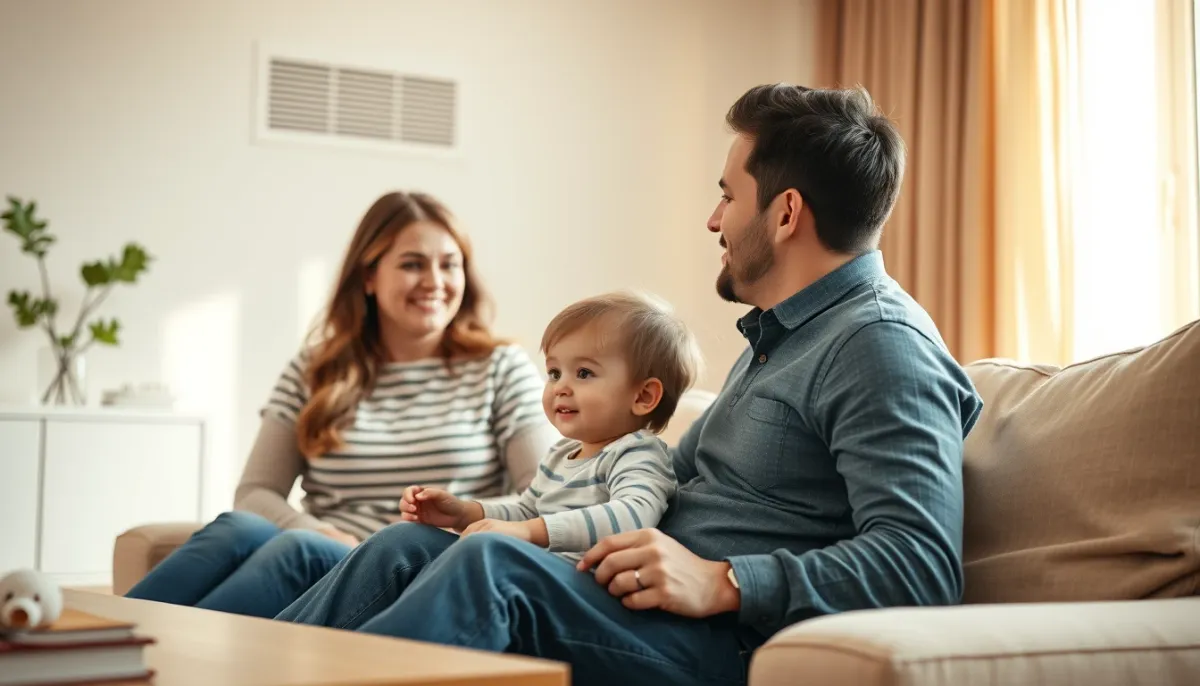 Famille dans un salon sain grâce à une VMC entretenue