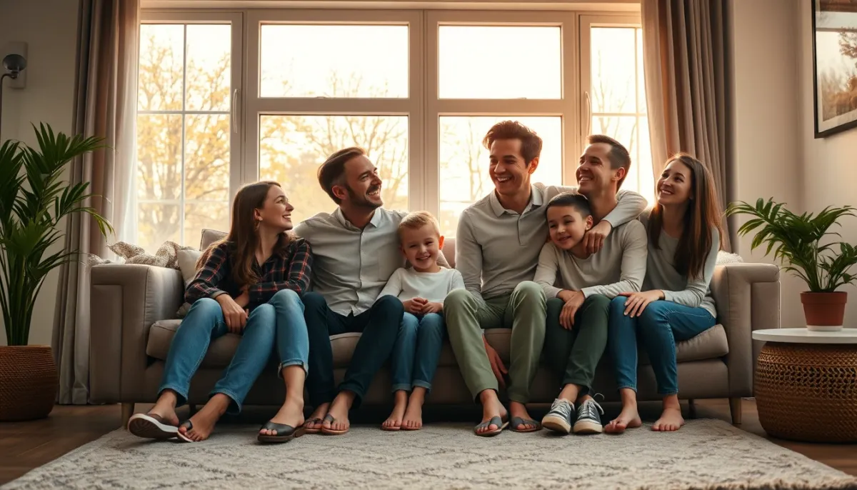 Famille nombreuse dans un salon lumineux, illustrant l'adéquation du chauffe-eau à leurs besoins