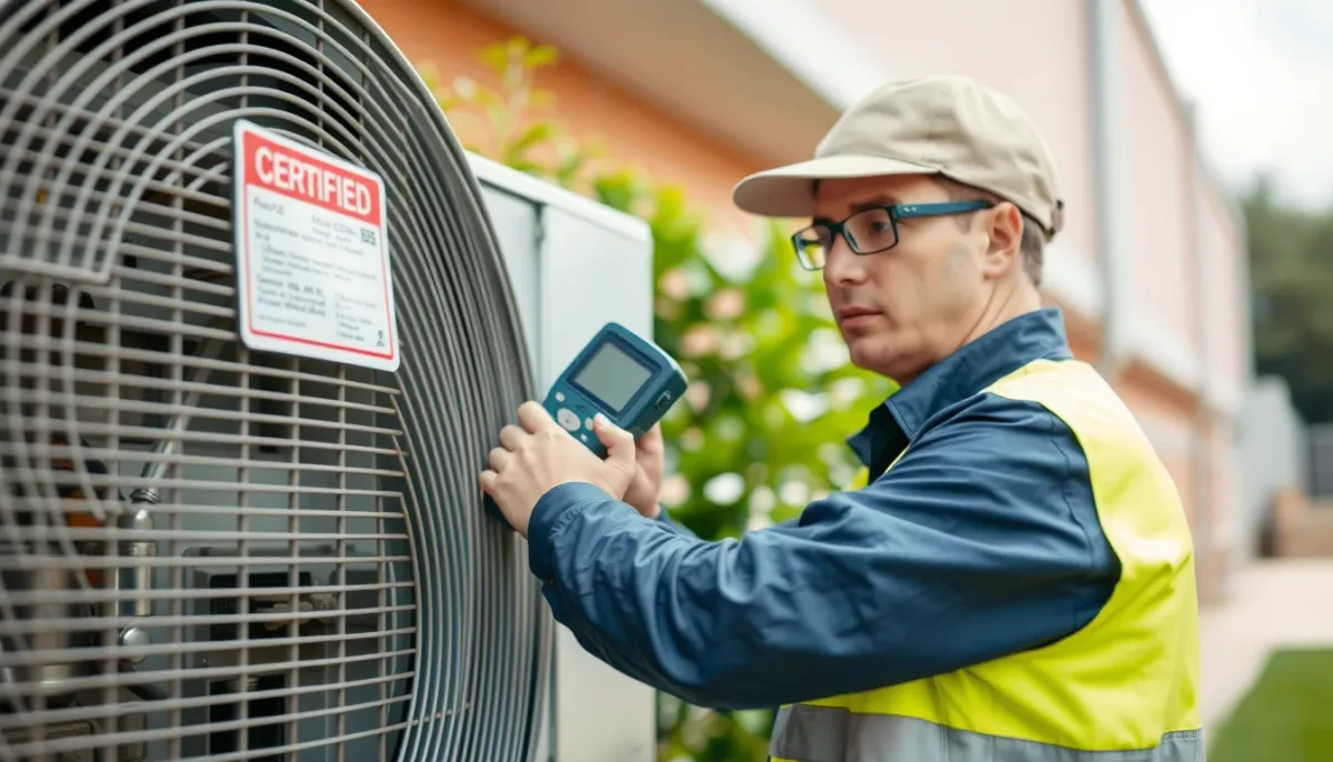Technicien certifié utilisant un détecteur de fuite sur une unité extérieure de climatisation
