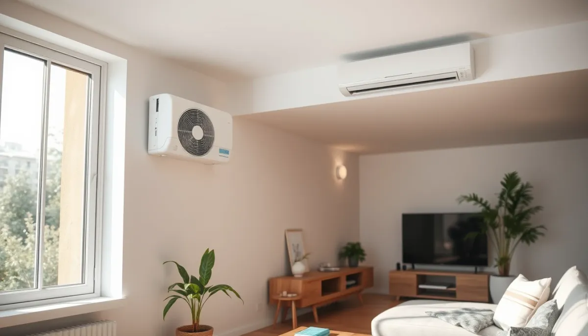 Salon moderne équipé d'une climatisation murale et d'une pompe à chaleur visible par la fenêtre