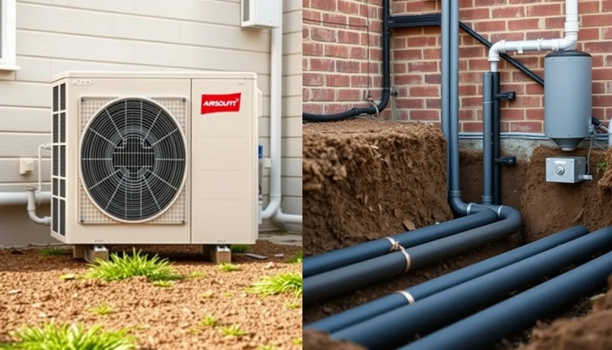 Comparaison visuelle entre une unité extérieure de PAC air/eau et une installation géothermique avec capteurs enterrés