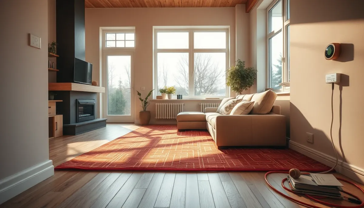 Salon confortable avec plancher chauffant, illustrant le confort quotidien offert par la géothermie