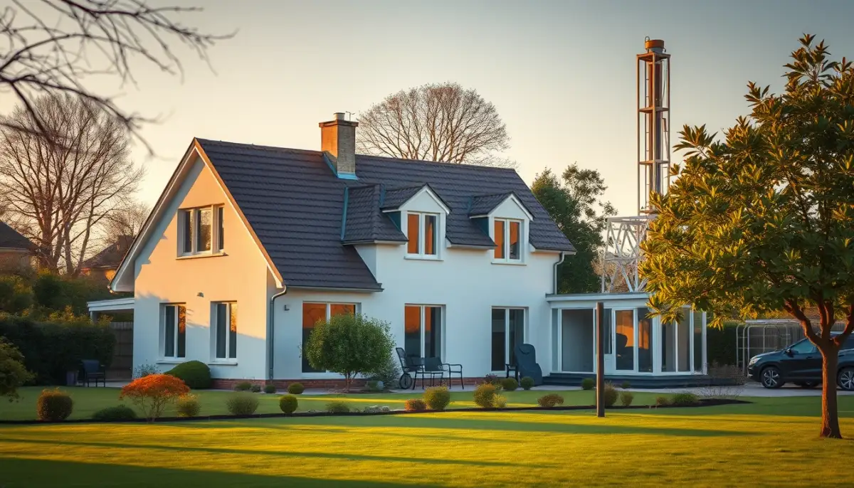 Maison de banlieue avec grand jardin et foreuse géothermique, illustrant le profil type adapté à la géothermie en Île-de-France