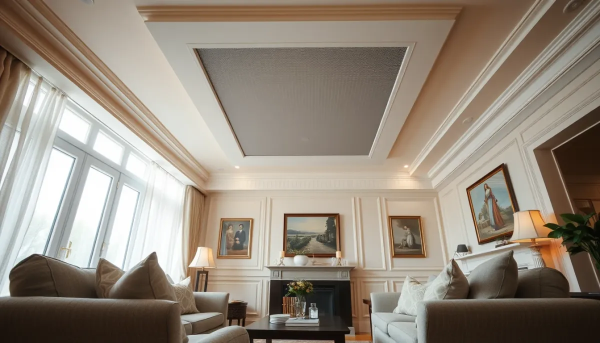 Grille de soufflage discrète intégrée au plafond d'un salon haussmannien