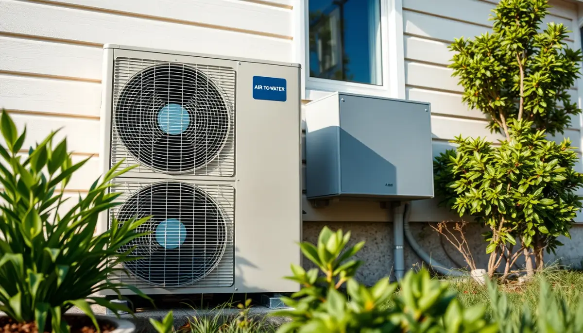 Unité extérieure d'une pompe à chaleur air/eau installée contre un mur de maison