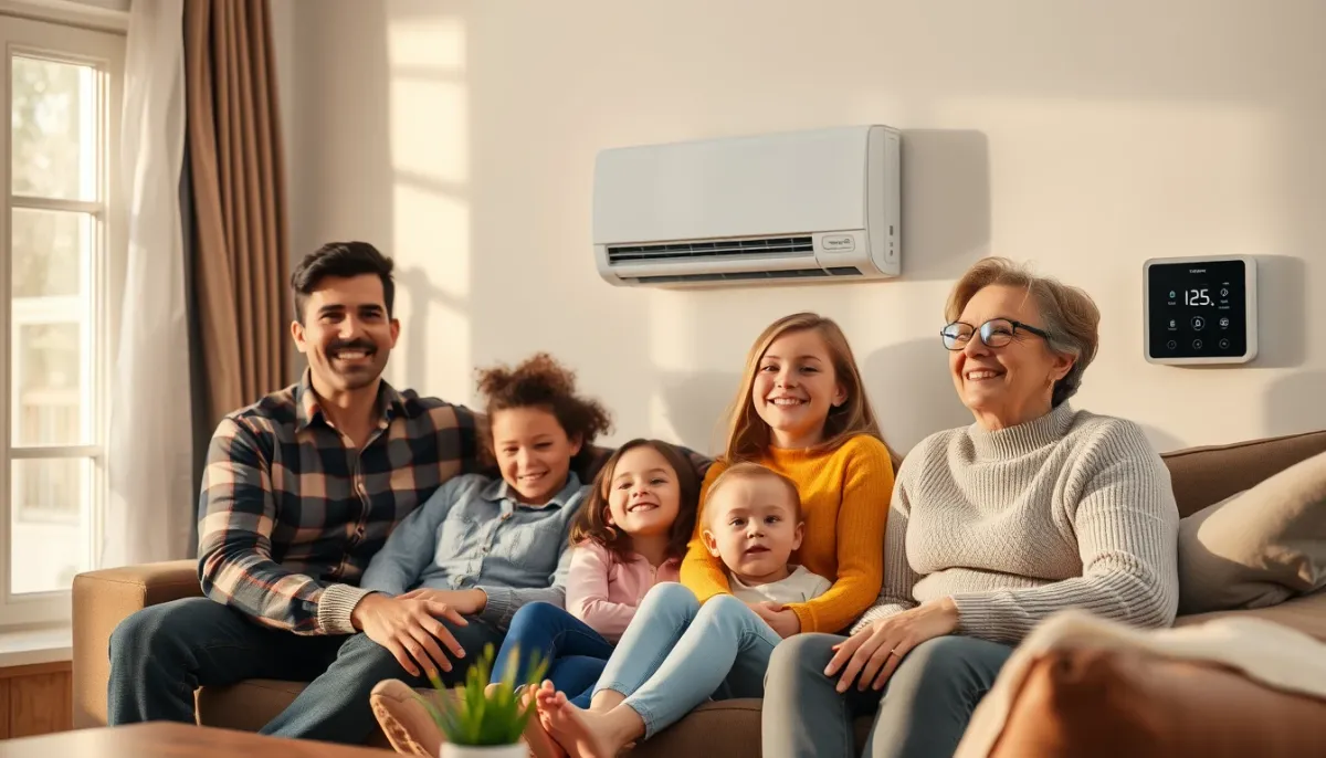 Famille dans un salon confortable avec un thermostat de pompe à chaleur