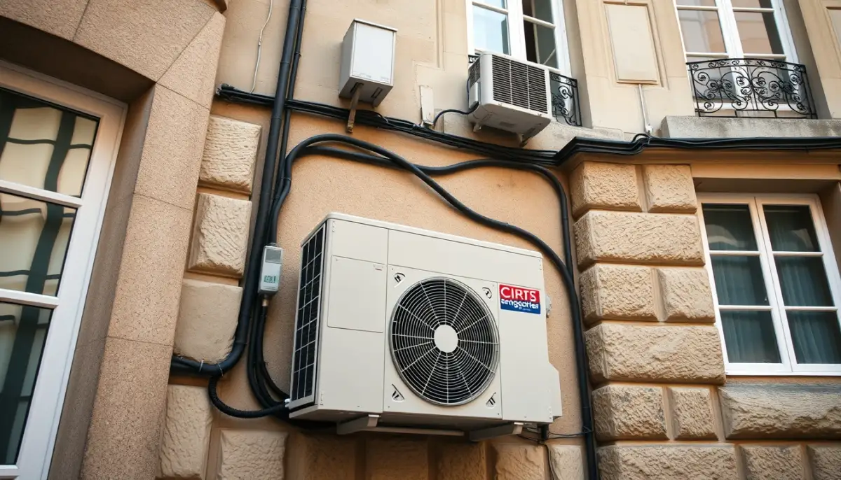 Unité extérieure de climatisation installée sur une façade parisienne
