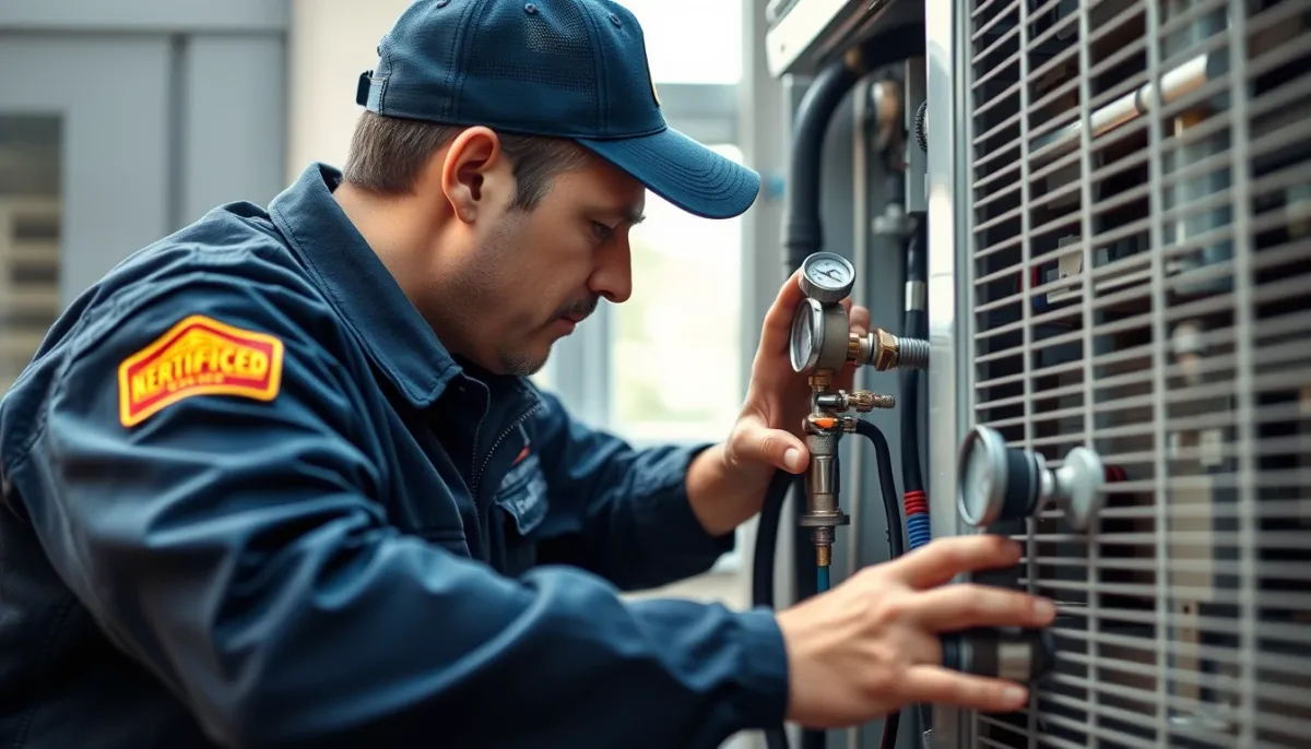 Technicien certifié effectuant l'entretien d'une climatisation
