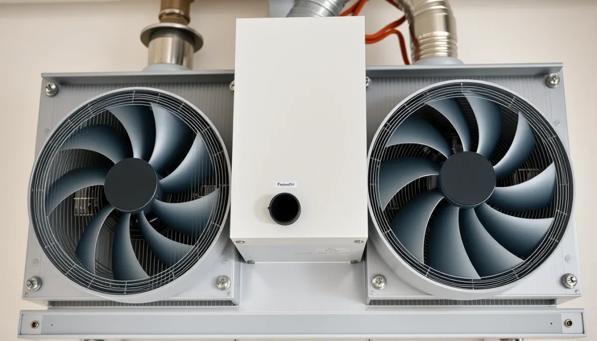 Gros plan sur les composants techniques d'une VMC double flux décentralisée : échangeur thermique, filtres et ventilateurs