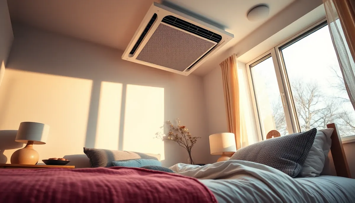 Chambre à coucher avec une VMC double flux décentralisée installée près du plafond, ambiance confortable et lumineuse