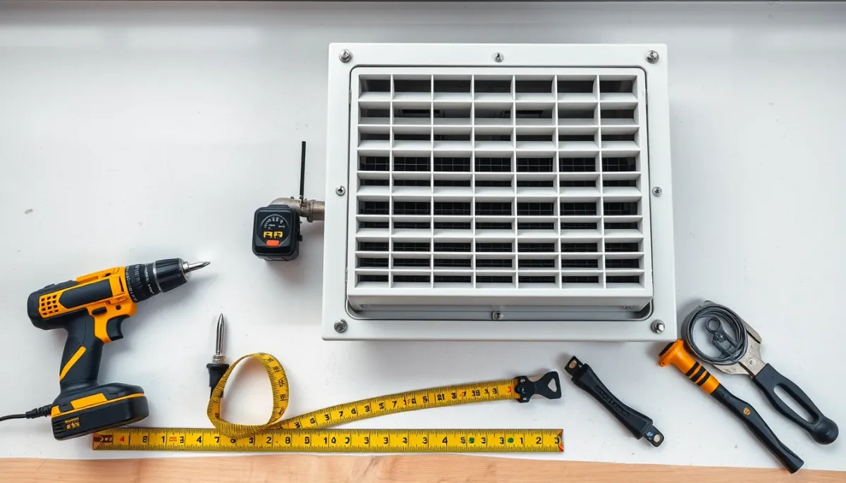 Outils d'installation et VMC double flux décentralisée posés sur un établi, vue de dessus