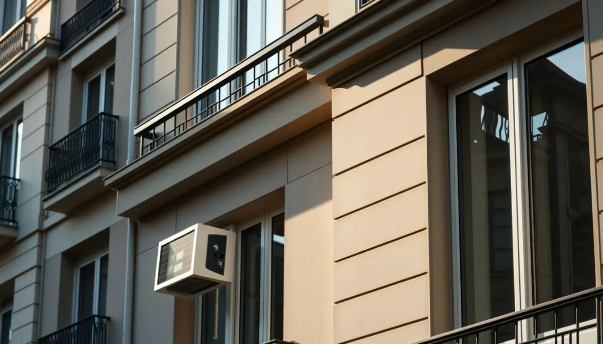 Immeuble parisien avec unité extérieure de chauffe-eau thermodynamique sur un balcon