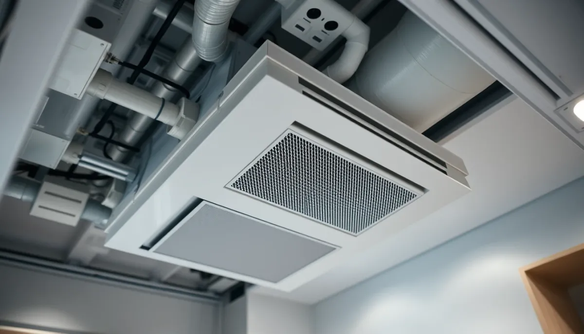 Monobloc gainable installé dans un faux plafond avec réseau de gaines