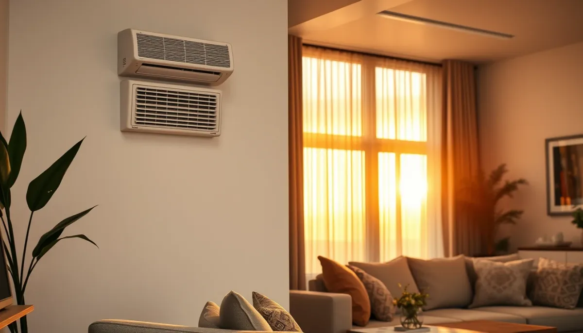Salon moderne équipé d'une climatisation réversible discrète adaptée à une pièce de vie