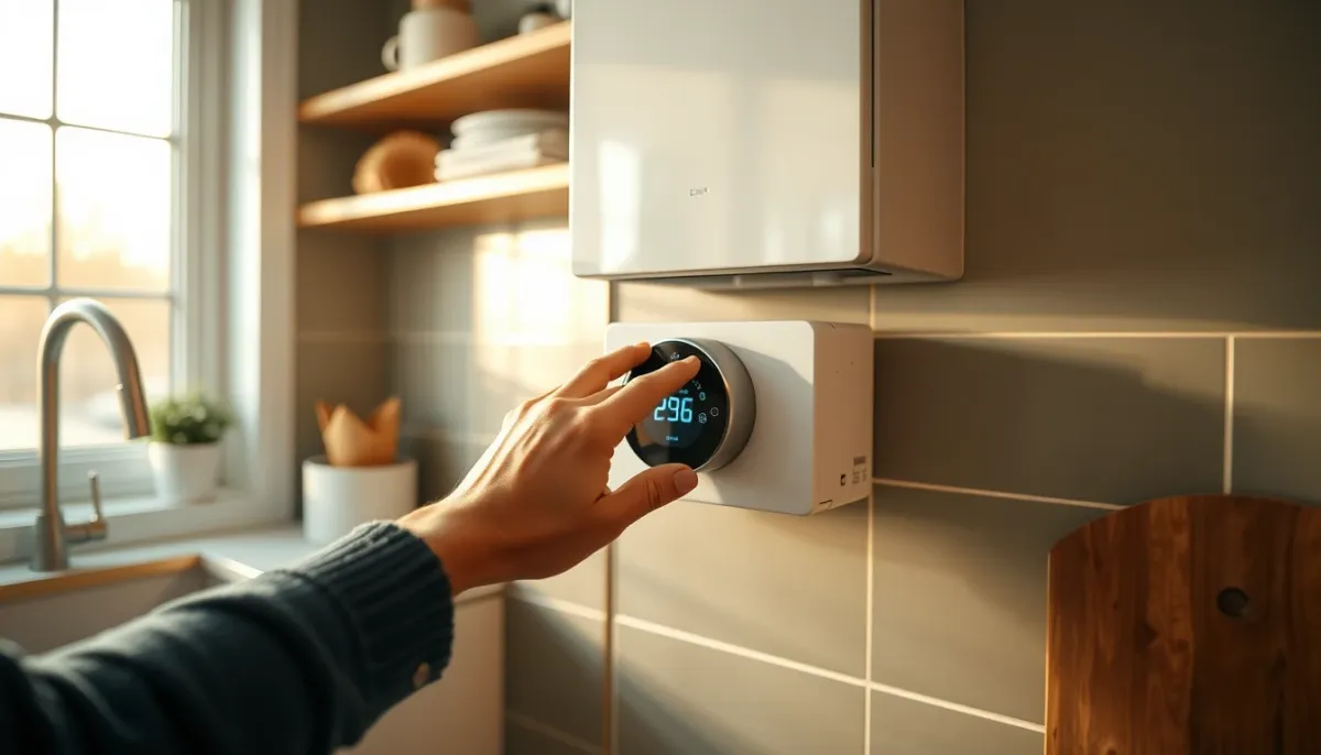 Réglage du thermostat d'une pompe à chaleur dans une cuisine moderne, illustrant l'utilisation quotidienne