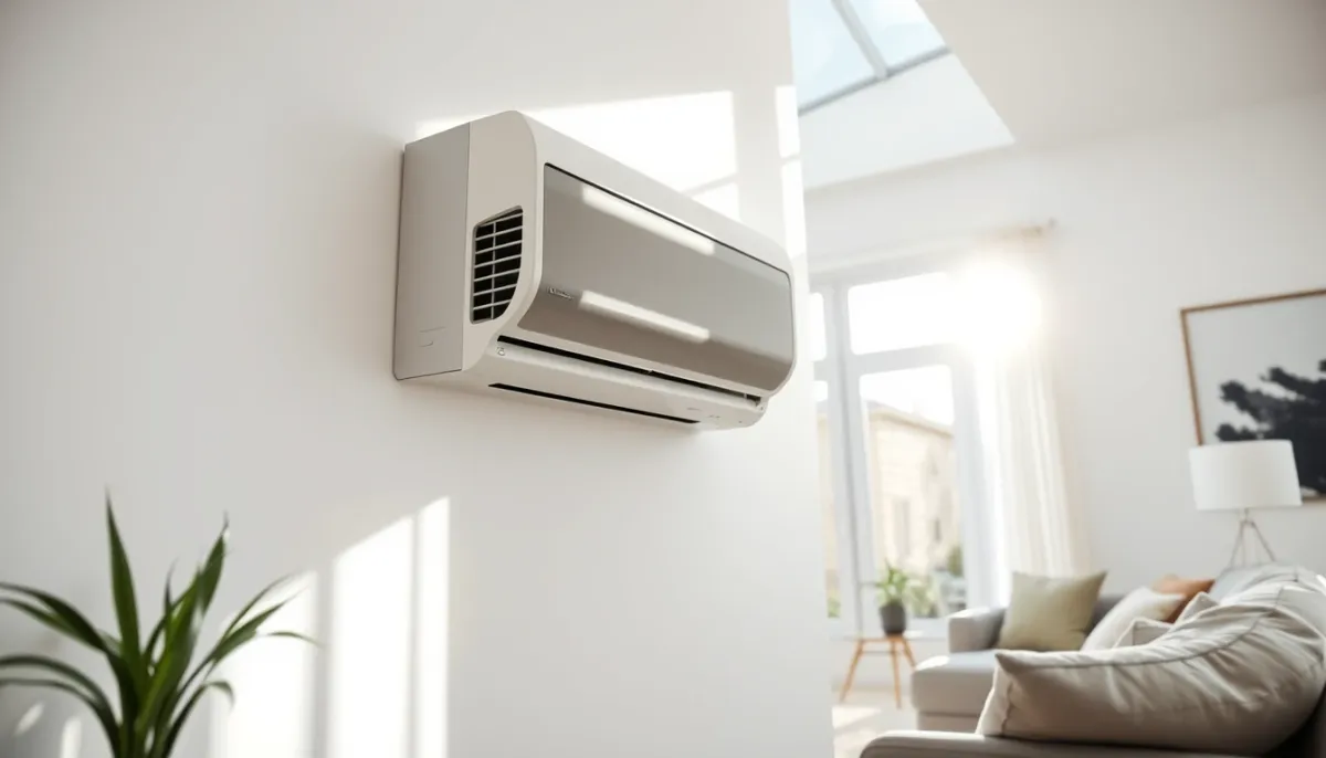 Unité intérieure d'une pompe à chaleur air/air fixée au mur d'un salon lumineux