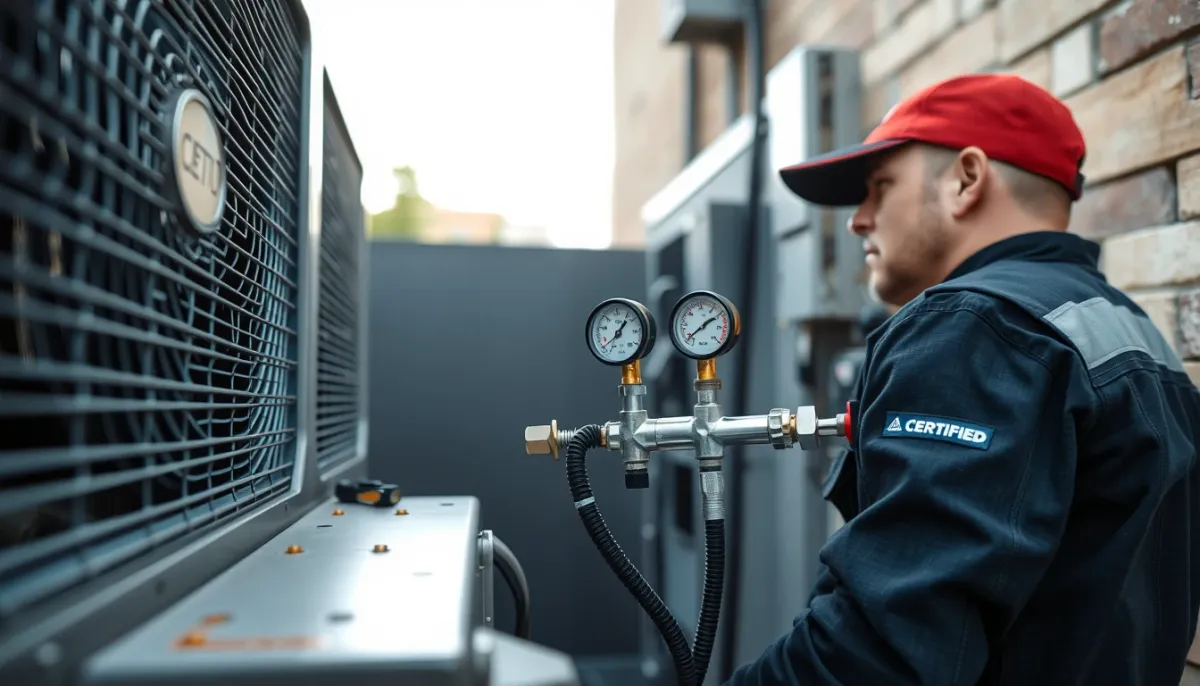 Technicien frigoriste contrôlant la pression d'une unité extérieure de climatisation