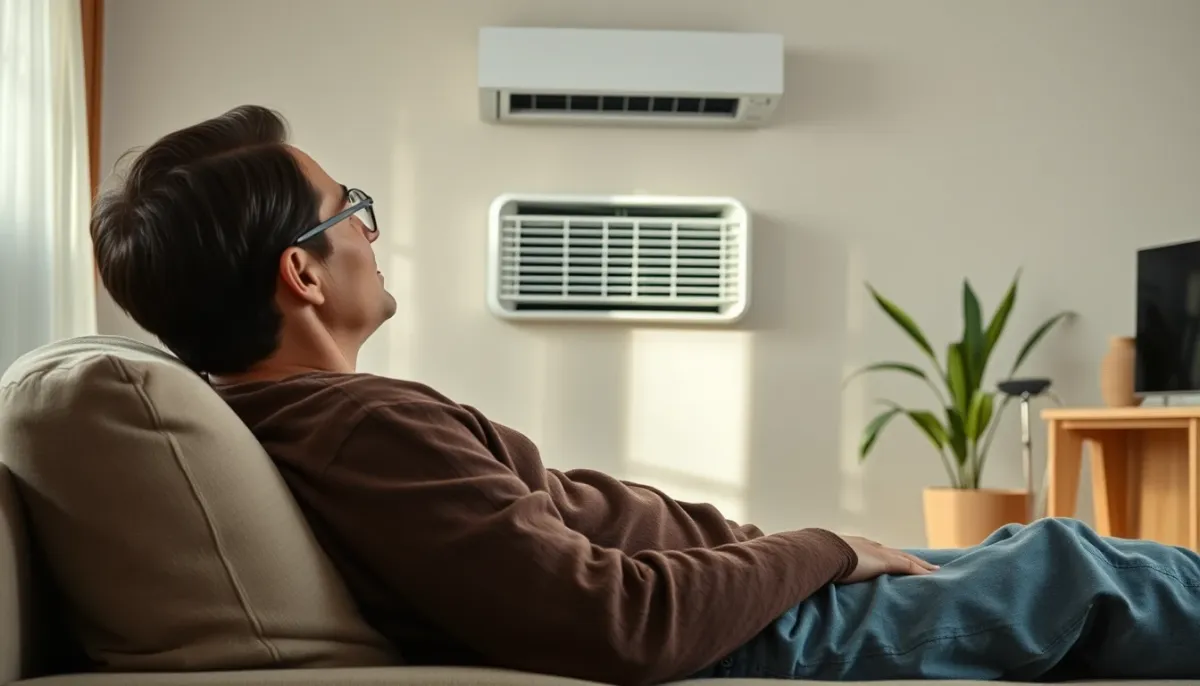 Personne se détendant dans un salon rafraîchi par une climatisation monobloc
