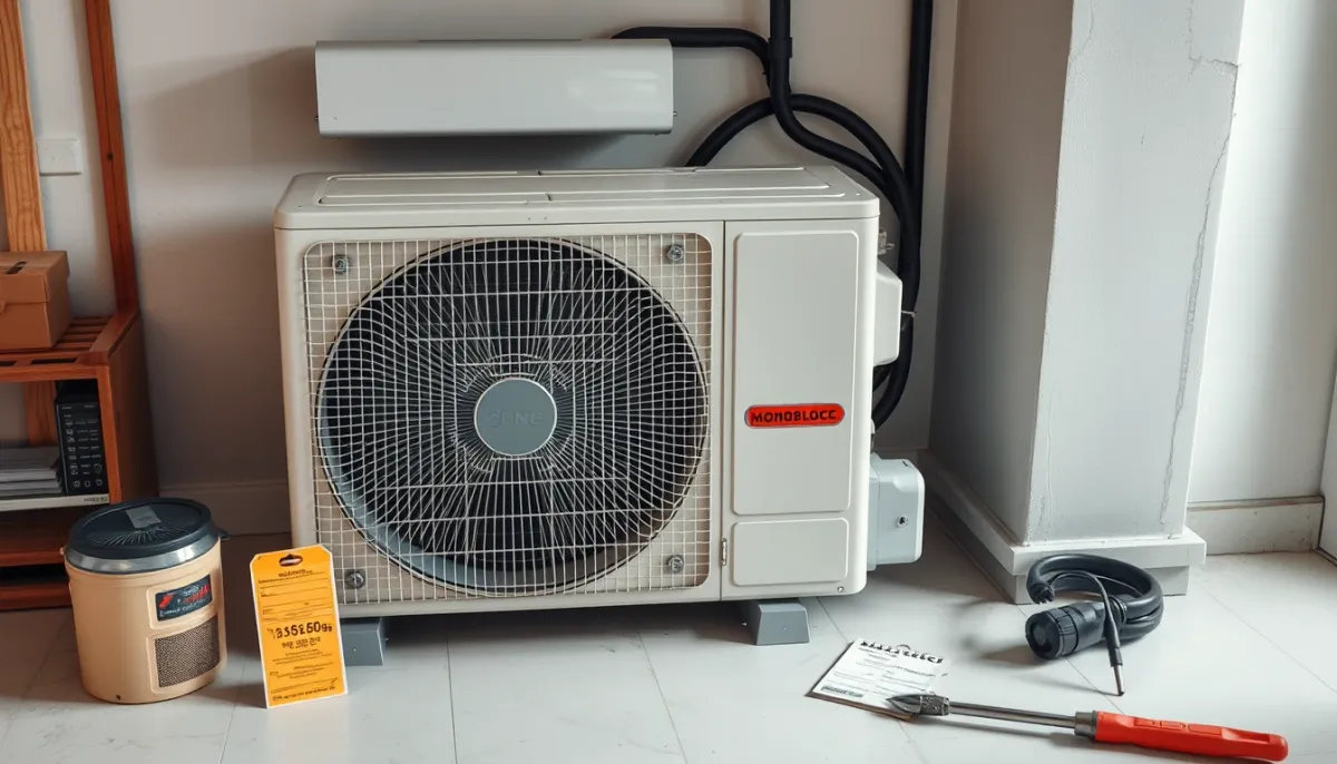 Climatiseur monobloc avec outils d'installation et étiquette de prix