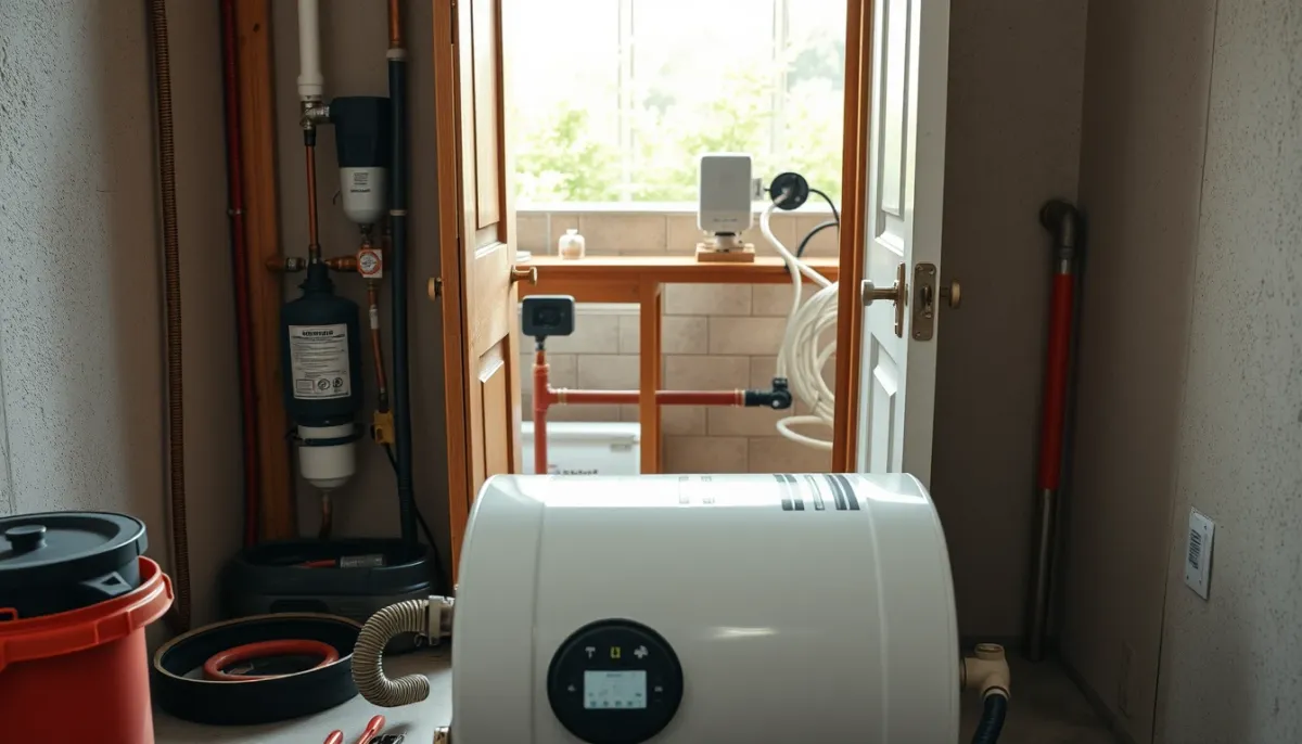 Installation d'un chauffe-eau thermodynamique par un professionnel avec outils et tuyaux