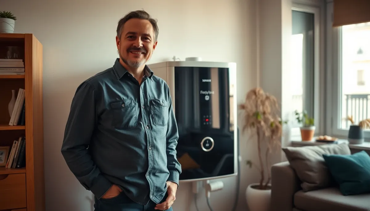 Propriétaire parisien satisfait devant son chauffe-eau thermodynamique dans un appartement